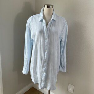 LL Bean Womens XL Striped Cotton Button Up Gauzy Shirt Blue White Long Sleeve